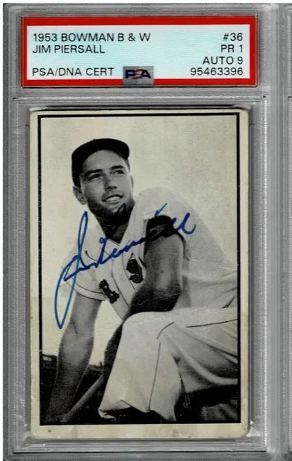 Graded Jim Piersall baseball card showcasing Bowman Signed Black and White signature
