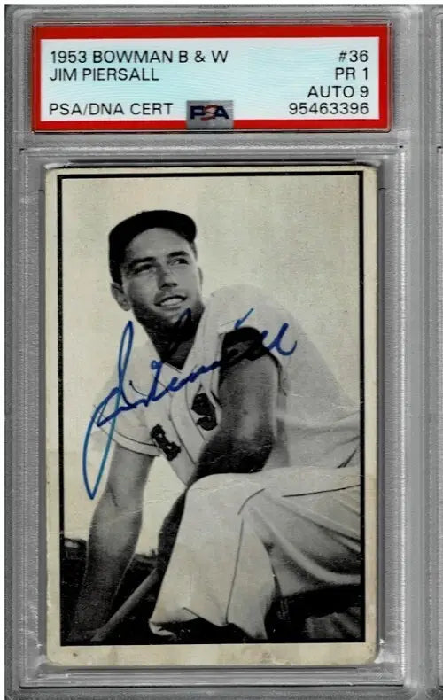 Graded Jim Piersall baseball card showcasing Bowman Signed Black and White signature