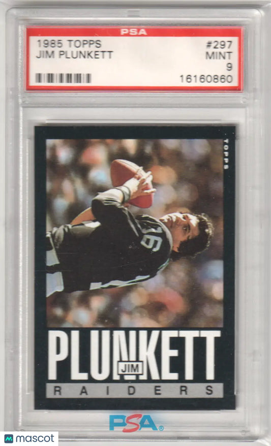 Columbia Hobby Jim Plunkett 1985 Topps football card graded Mint 9 PSA