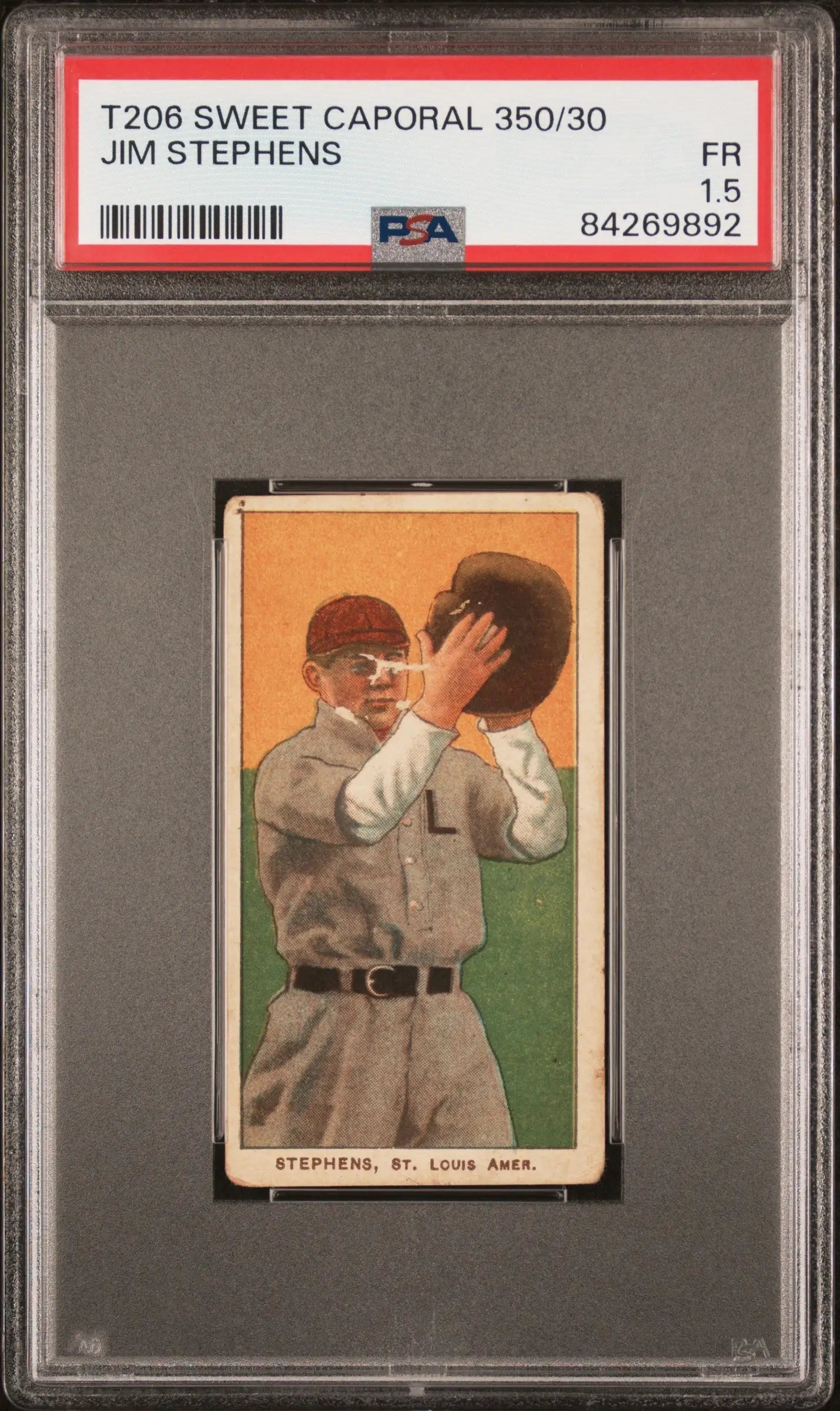 PSA-graded T206 Sweet Caporal Jim Stephens baseball card featuring St. Louis catcher