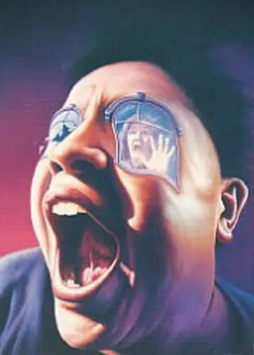 Person screaming with a glass eye and trapped hand on Jim Warren promo card