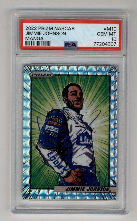 PSA 10 Gem Mint Jimmie Johnson 2022 Prizm Nascar Manga card with starburst background