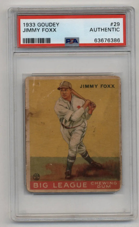 PSA Authentic Jimmy Foxx 1933 Goudey baseball card in pitching stance, trading cards