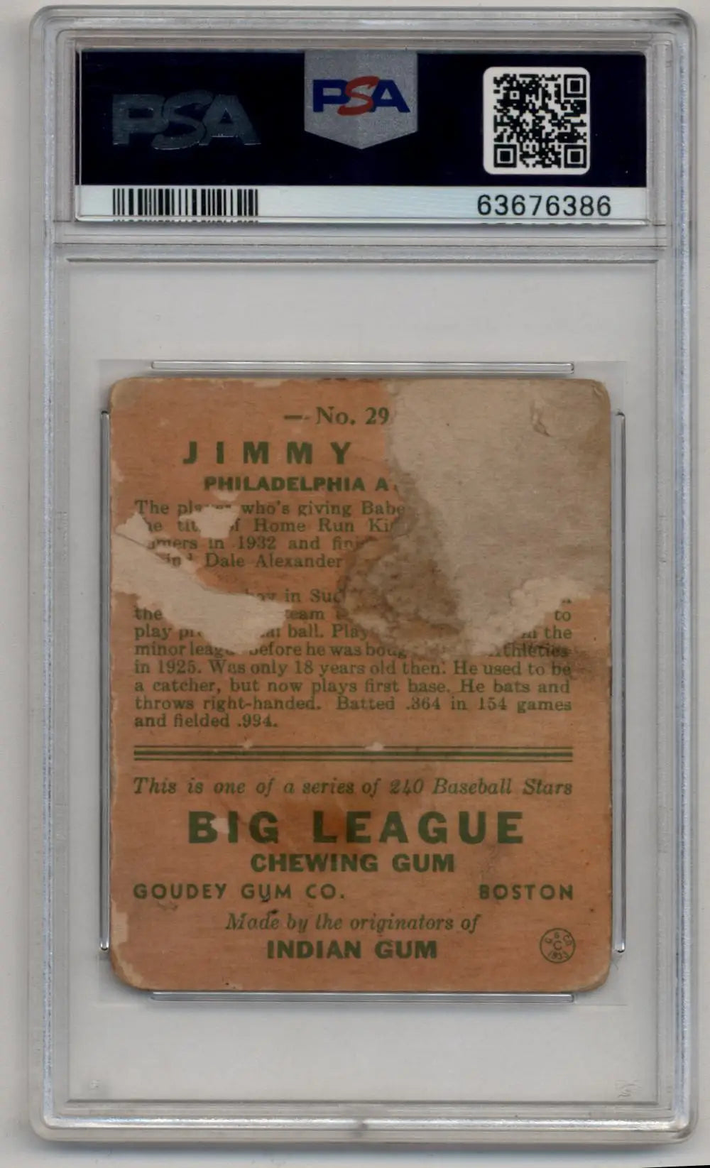 Vintage Jimmy Foxx 1933 Goudey #29 Trading Card in PSA Authentic Grade Case