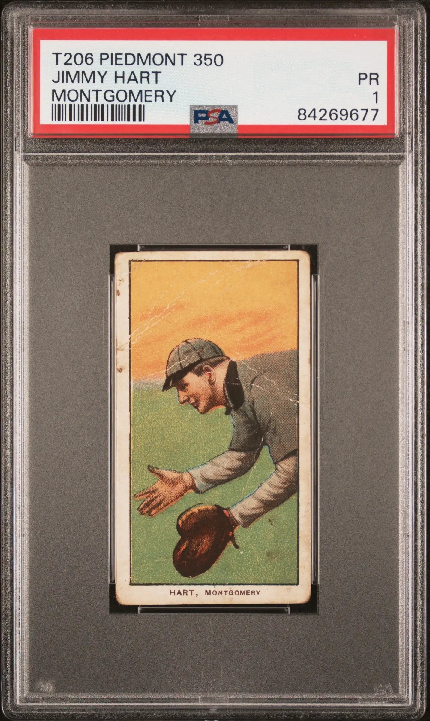 PSA-graded Jimmy Hart T206 Piedmont 350 Montgomery card of fielder in gray uniform