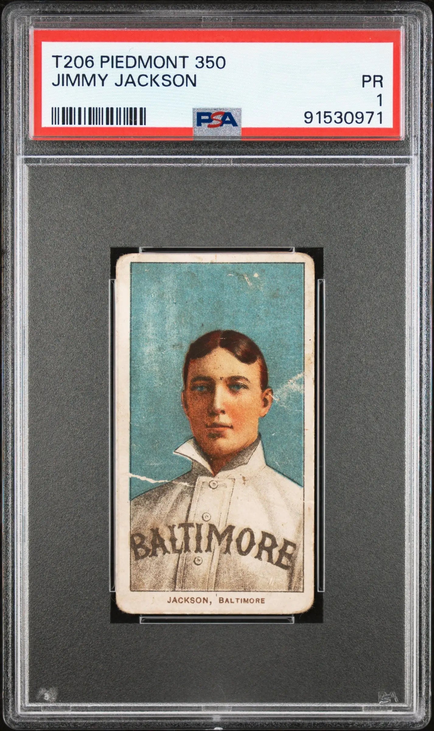 PSA-graded Jimmy Jackson 1909-11 T206 Piedmont 350 baseball card with blue background