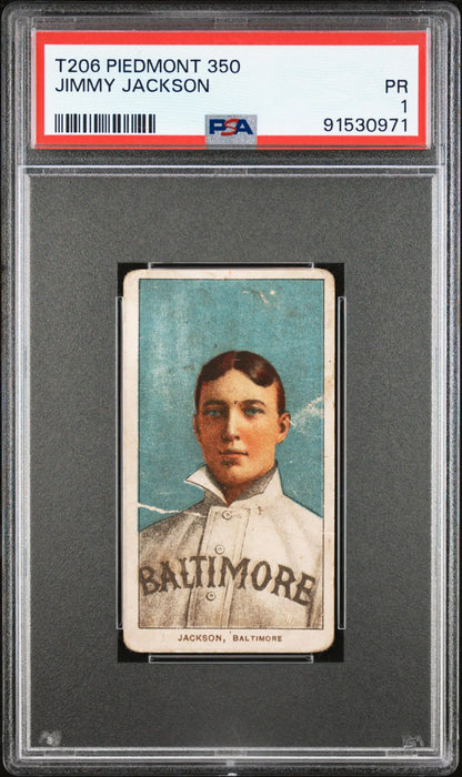 PSA-graded Jimmy Jackson 1909-11 T206 Piedmont 350 baseball card with blue background