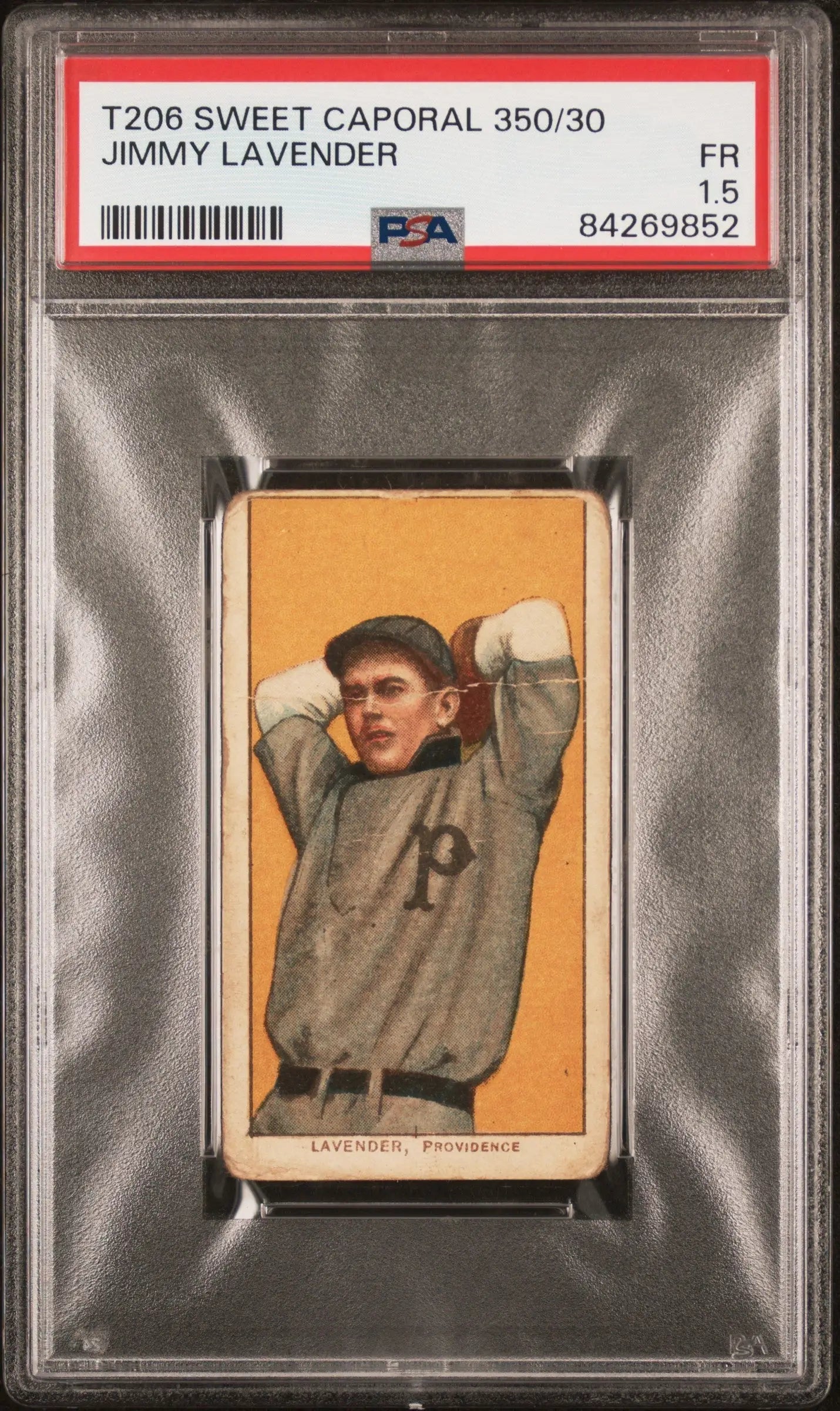 PSA-graded T206 Sweet Caporal baseball card of Jimmy Lavender pitching in gray uniform