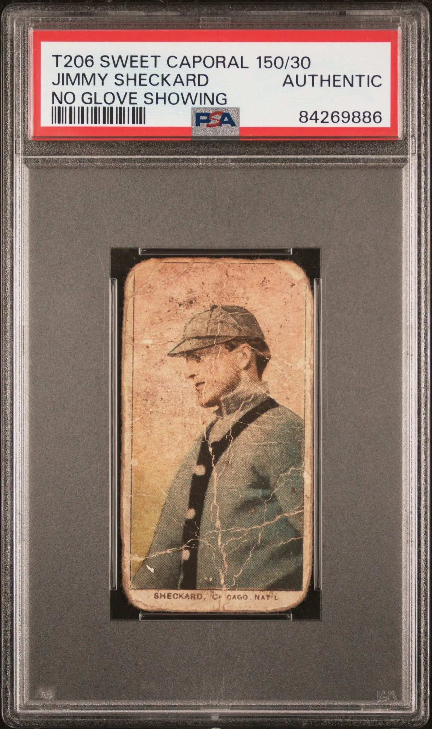 PSA-graded T206 Sweet Caporal baseball card of Jimmy Sheckard in gray uniform showing PSA Authentic