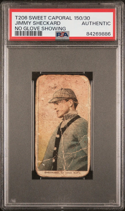 PSA-graded T206 Sweet Caporal baseball card of Jimmy Sheckard in gray uniform showing PSA Authentic