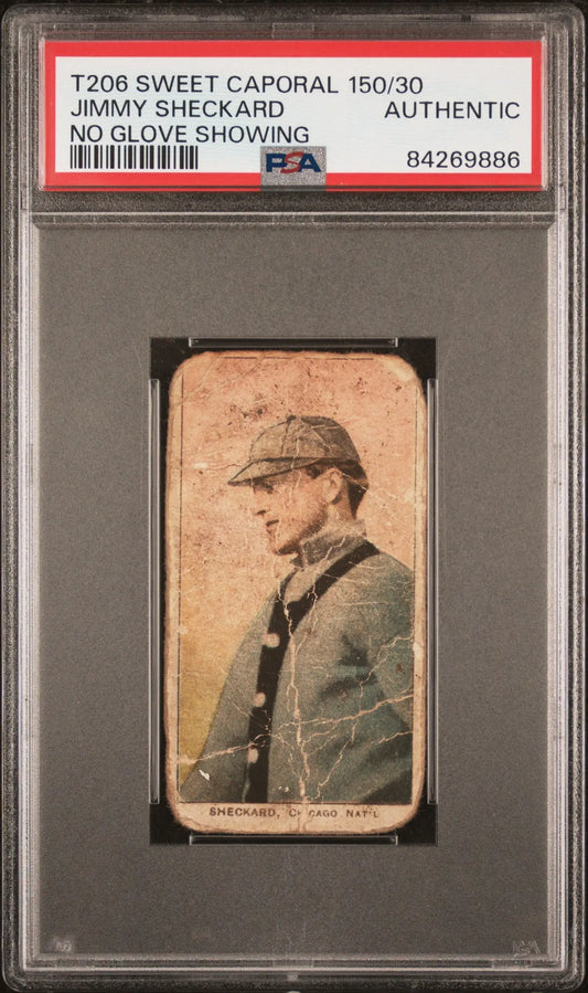 PSA-graded T206 Sweet Caporal baseball card of Jimmy Sheckard in gray uniform showing PSA Authentic