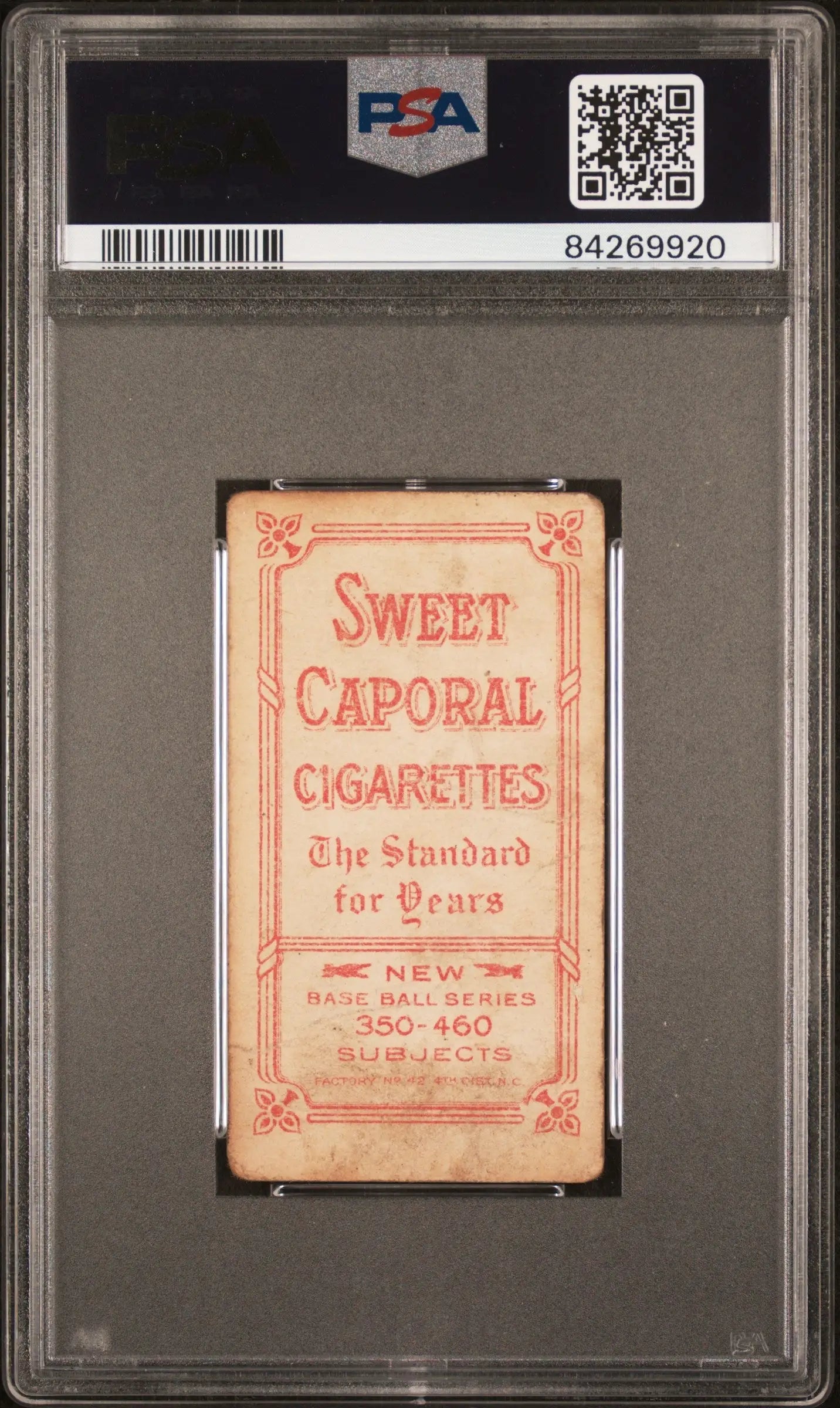 Vintage Jimmy Sheckard T206 Sweet Caporal trading card in PSA grading case with glove showing