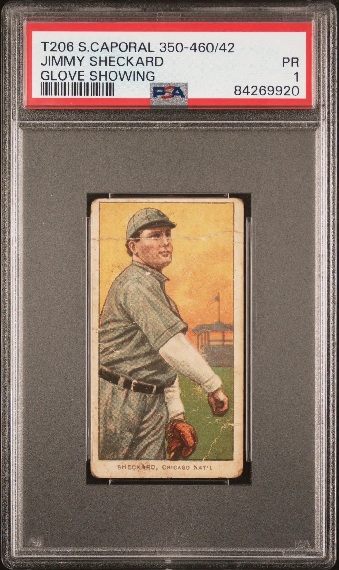 PSA-graded T206 Sweet Caporal card of Jimmy Sheckard in gray uniform with glove showing PSA