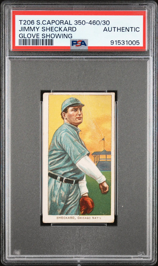 PSA-graded T206 Sweet Caporal 350-460/30 card of Jimmy Sheckard in light green uniform