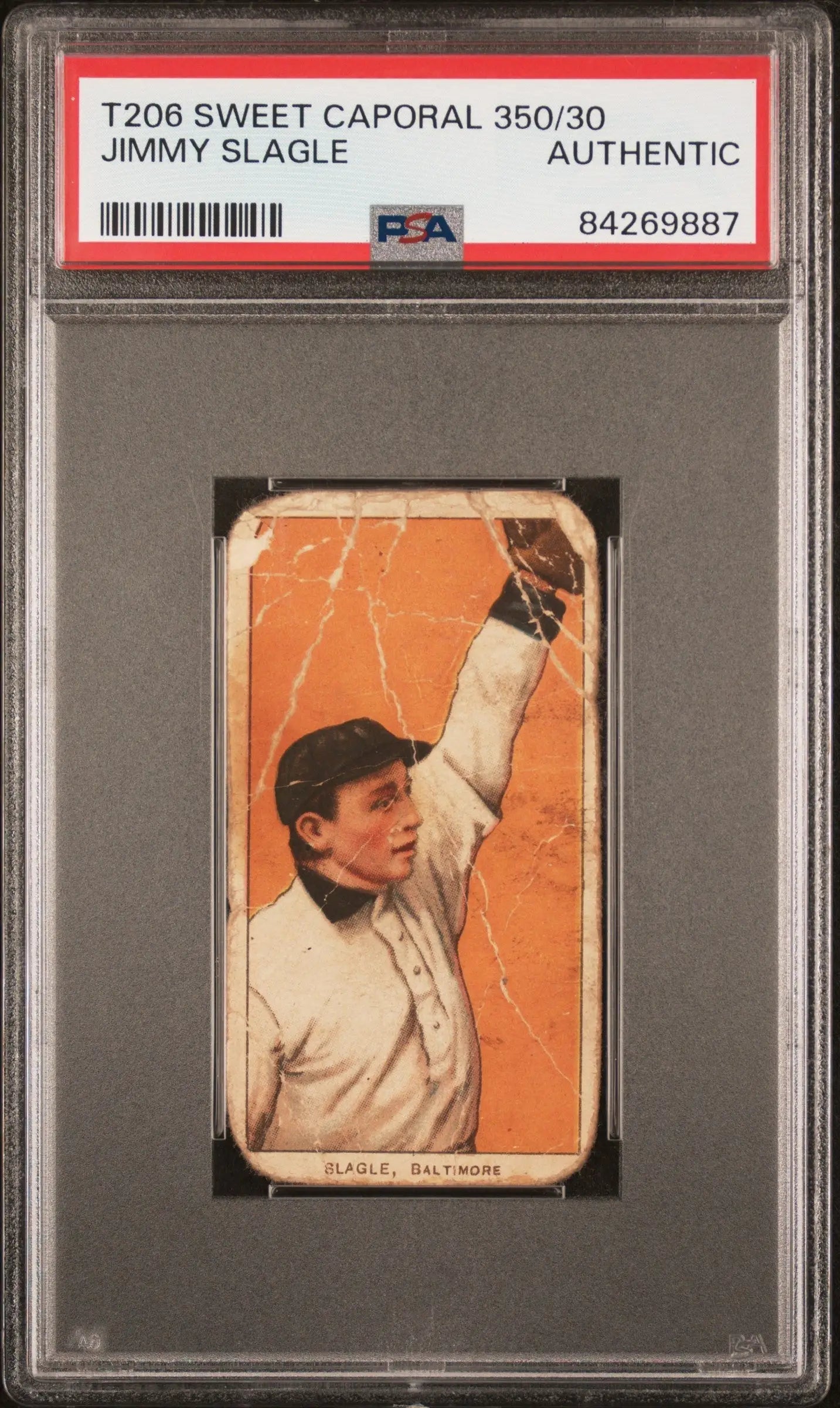PSA-graded T206 Sweet Caporal Jimmy Slagle baseball card in catching motion
