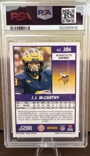 Graded J.J. McCarthy Score Rookie Blue Stars /399 PSA 9 football card for collectors