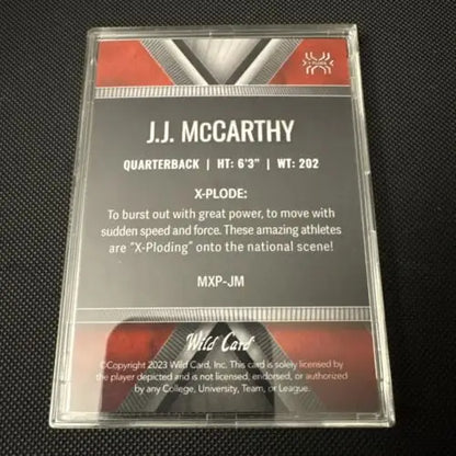 J.J. McCarthy Wild Card X-plode 18/50 football trading card collectible item