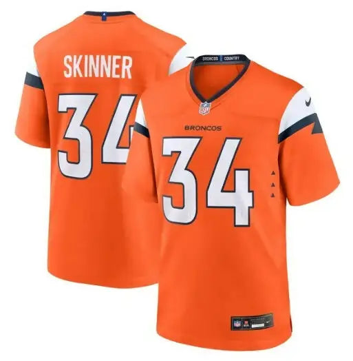 Orange Denver Broncos JL Skinner football jersey with SKINNER on the back