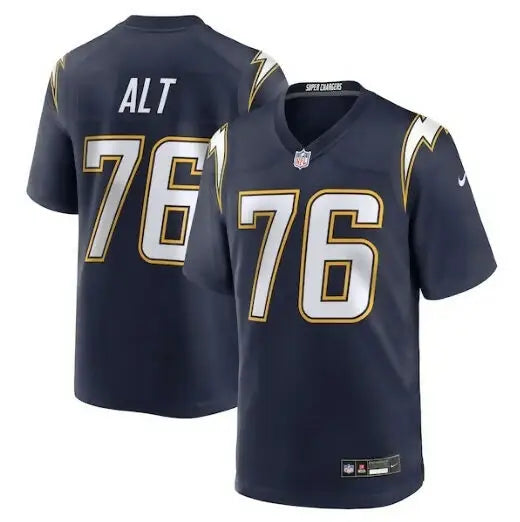 Dark blue Joe Alt Los Angeles Chargers Nike alternate football jersey with white and gold 76 numbers