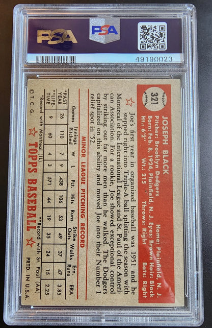 PSA-graded Joe Black 1952 Topps #321 vintage baseball card with stats in red and black