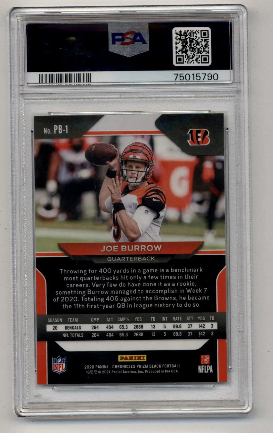 PSA-graded Joe Burrow 2020 Chronicles Black PB1 card in Gem Mint condition