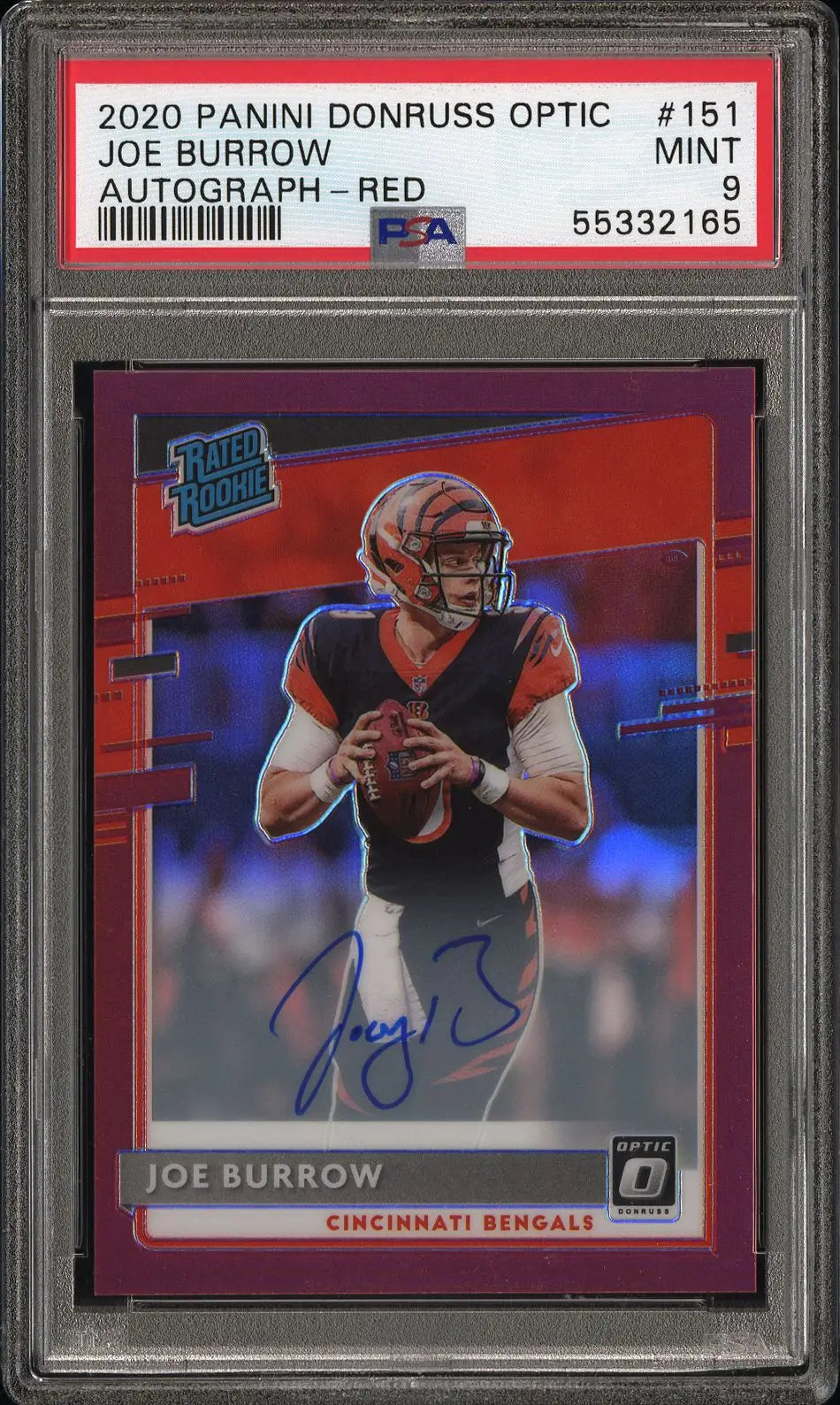 Joe Burrow Donruss Optic rookie card with autographed red auto numbered 17/50 PSA 9
