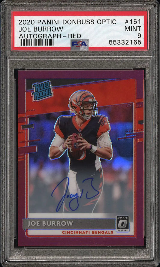 Joe Burrow Donruss Optic rookie card with autographed red auto numbered 17/50 PSA 9
