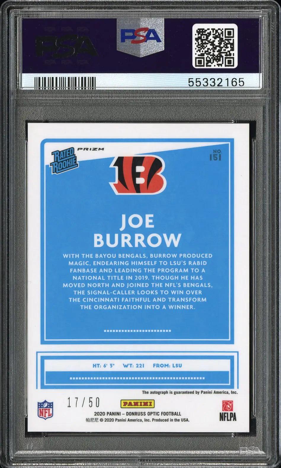 Slabbed Joe Burrow NFL trading card Donruss Optic Rookie PSA 9 Mint