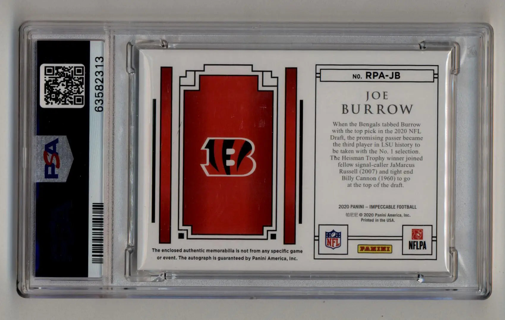 Joe Burrow 2020 Impeccable Rookie Patch Auto Silver 08/10 PSA 9 Mint - Singles