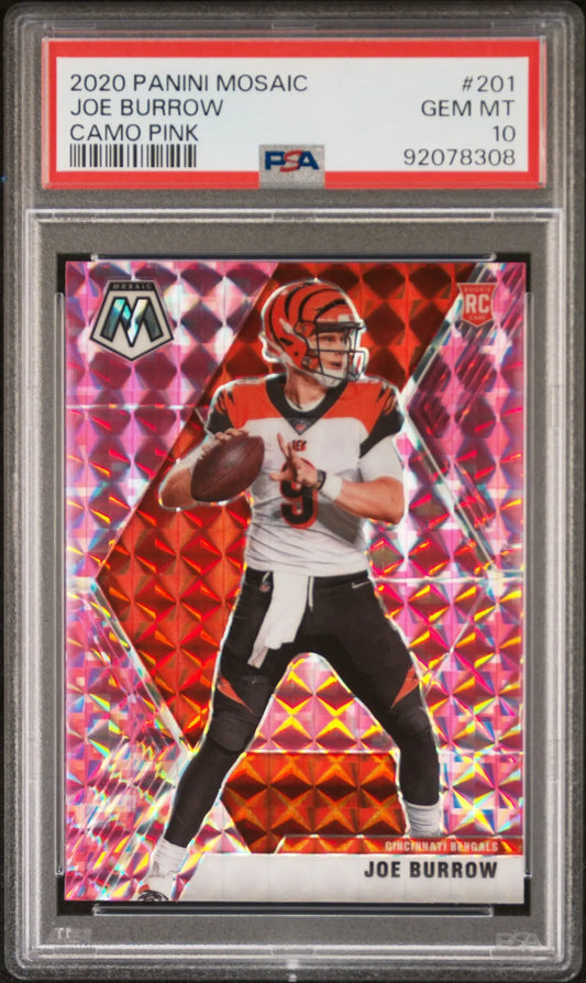 Joe Burrow 2020 Panini Mosaic Camo Pink PSA 10 Gem Mint rookie card in throwing position