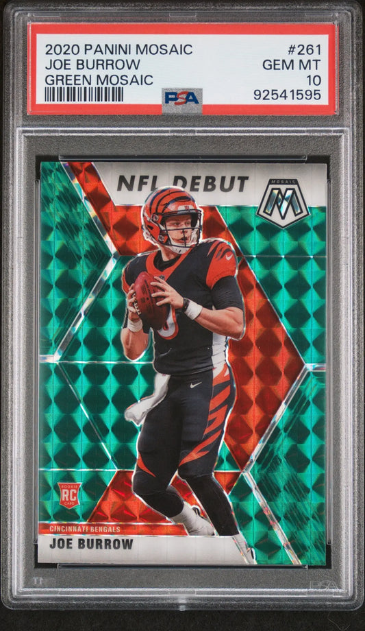 PSA 10 Gem Mint Joe Burrow 2020 Panini Mosaic Green Mosaic NFL Debut Card