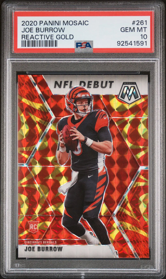 Joe Burrow 2020 Panini Mosaic Reactive Gold PSA 10 Gem Mint rookie card with prismatic design