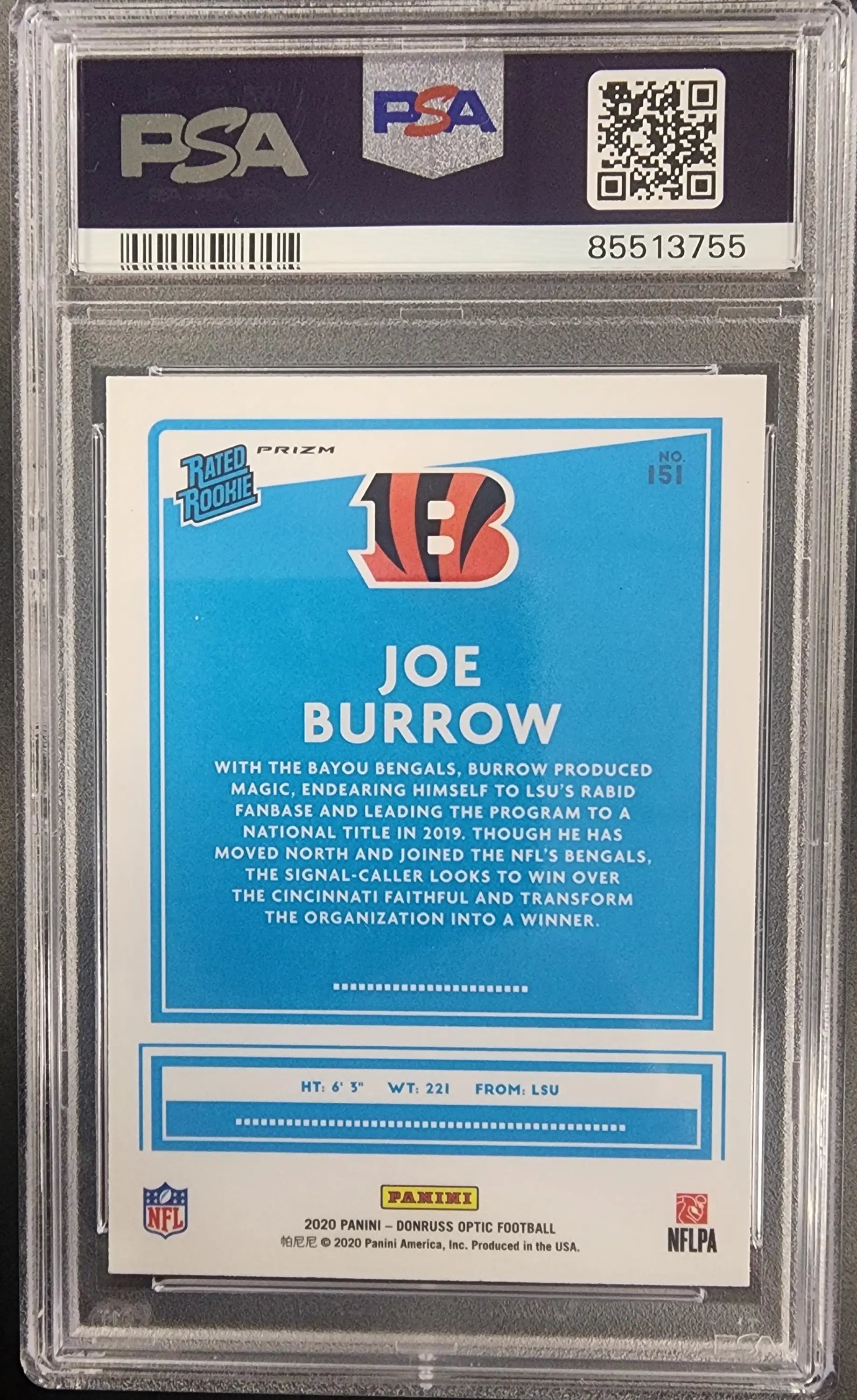 Joe Burrow 2020 Panini Optic #151 Blue Scope PSA 9 Gem Mint football card image
