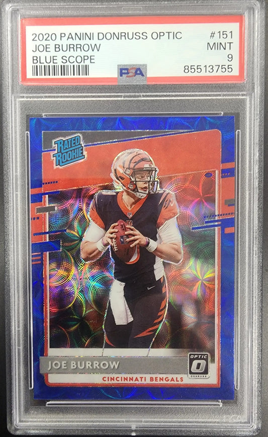 Graded Joe Burrow rookie card, 2020 Panini Optic Blue Scope PSA 9 Gem Mint condition