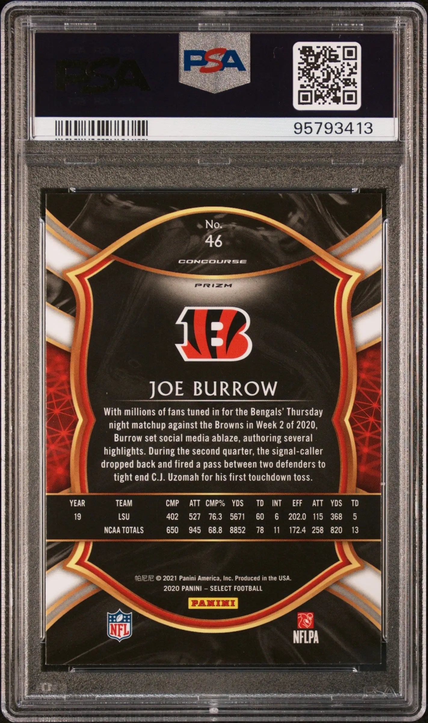 Back side of Joe Burrow 2020 Panini Select Silver Prizm PSA 10 trading card