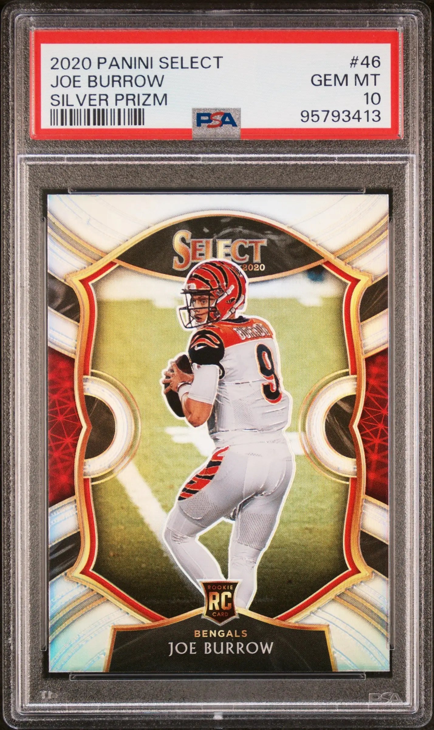 PSA-graded Joe Burrow 2020 Panini Select Silver Prizm card in protective case