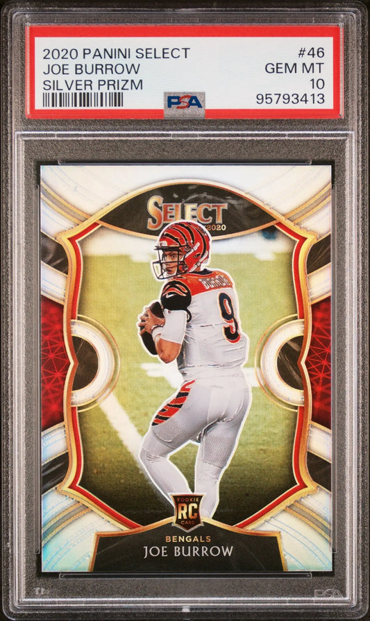 PSA-graded Joe Burrow 2020 Panini Select Silver Prizm card in protective case