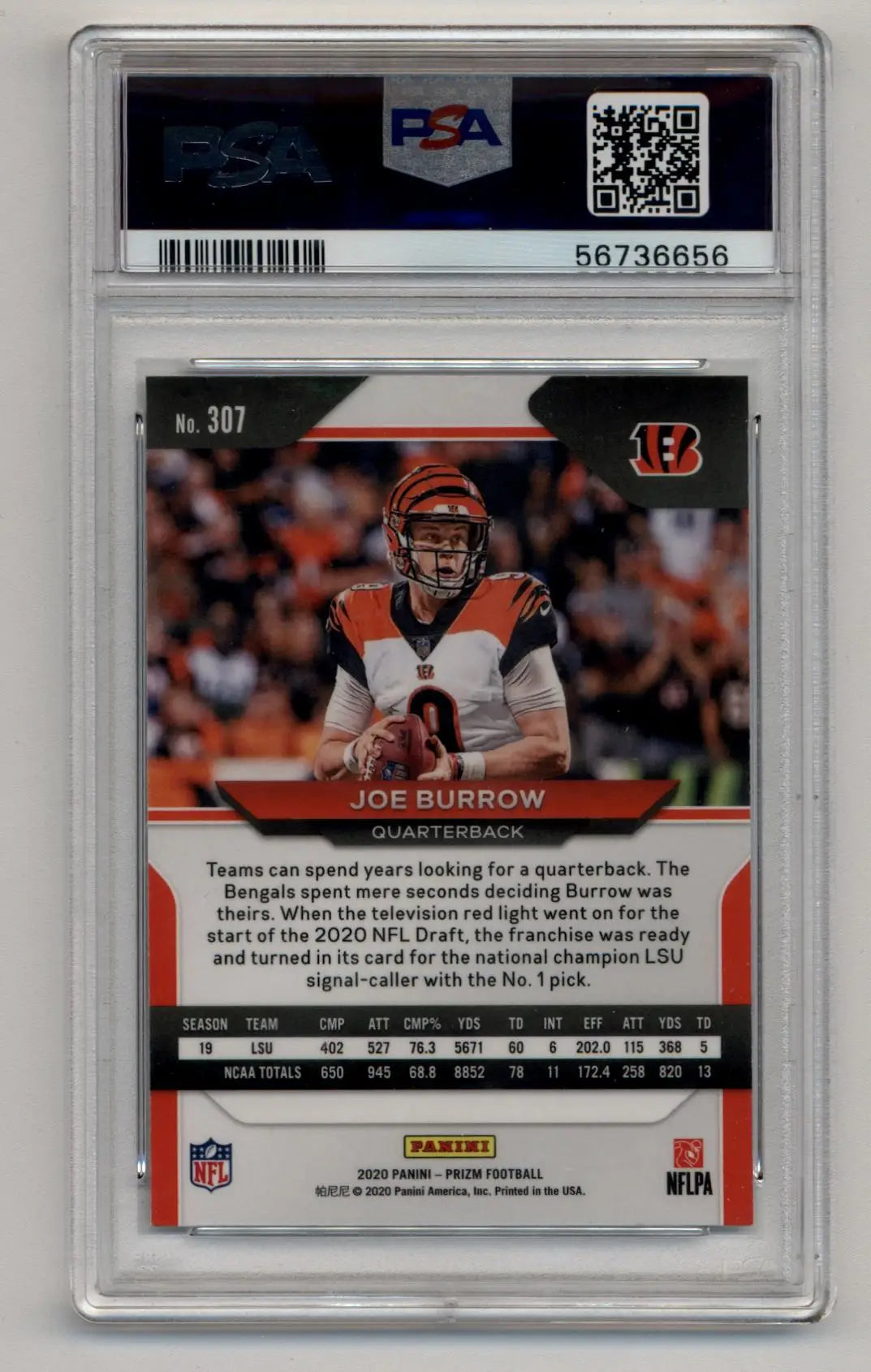PSA-graded Joe Burrow 2020 Prizm #307 Gem Mint NFL trading card in uniform