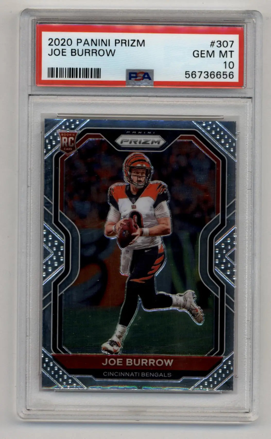 PSA-graded Joe Burrow 2020 Prizm #307 Gem Mint trading card in protective case