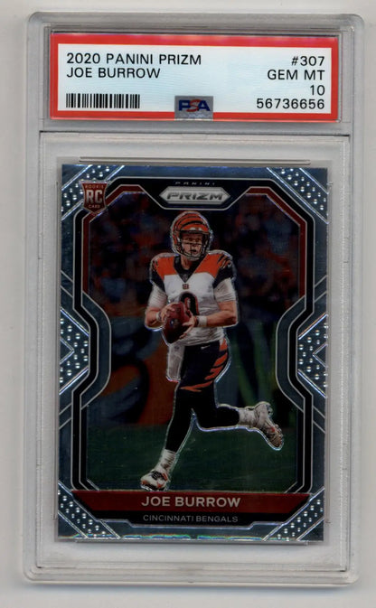 PSA-graded Joe Burrow 2020 Prizm #307 Gem Mint trading card in protective case