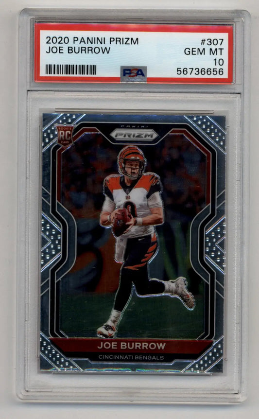 PSA-graded Joe Burrow 2020 Prizm #307 Gem Mint trading card in protective case