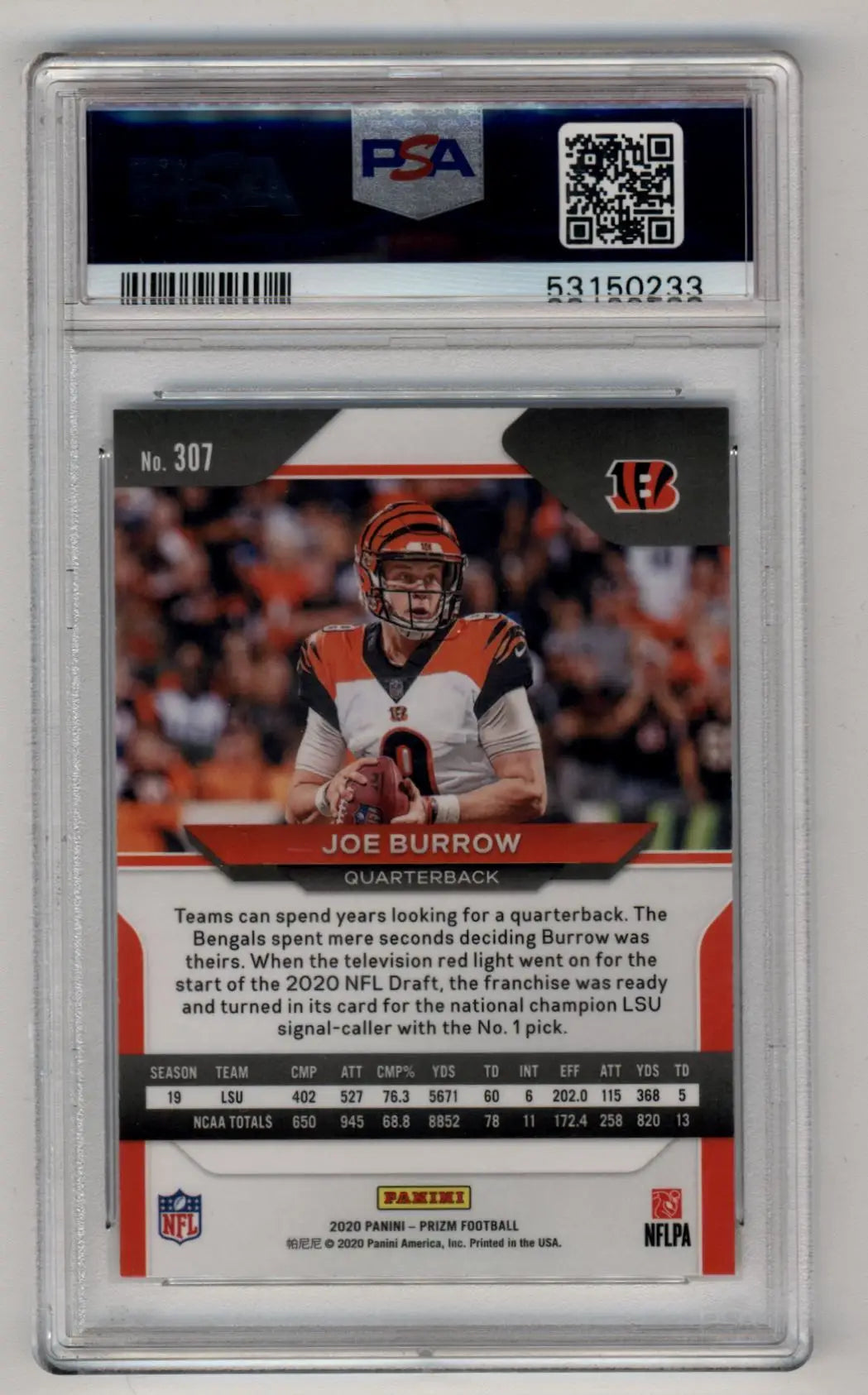 Joe Burrow 2020 Prizm #307 Rookie PSA 10 Gem Mint football card in protective case