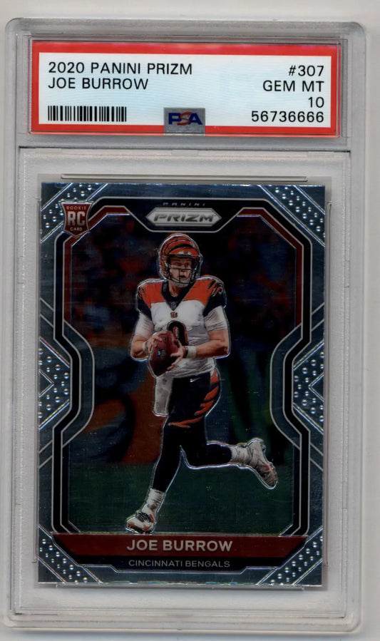 PSA graded 2020 Panini Prizm Joe Burrow Rookie Card in protective case, Gem Mint quality