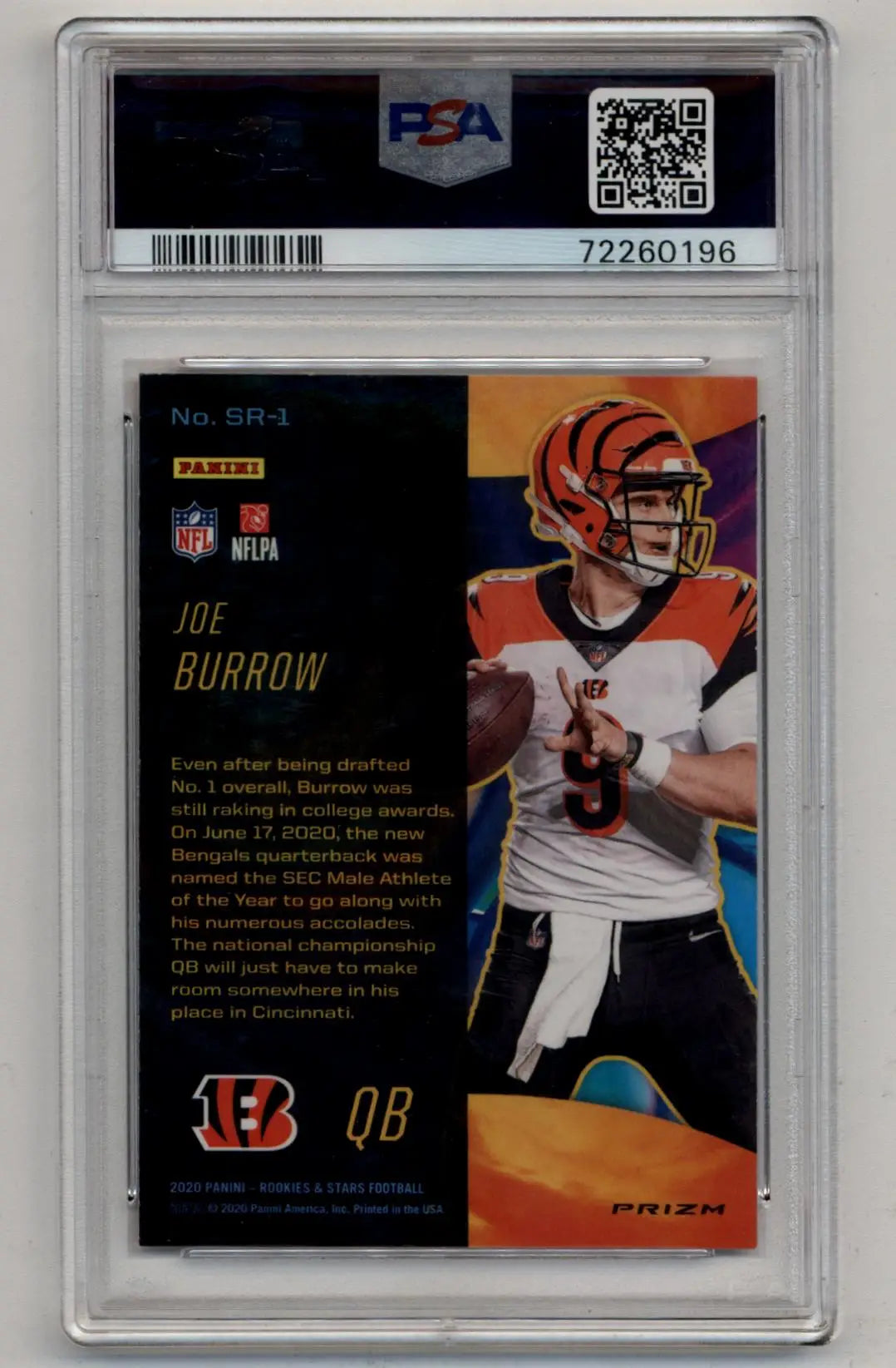 Graded Joe Burrow football trading card from Joe Burrow 2020 Rookie and Stars Stellar Rookies White PSA 10