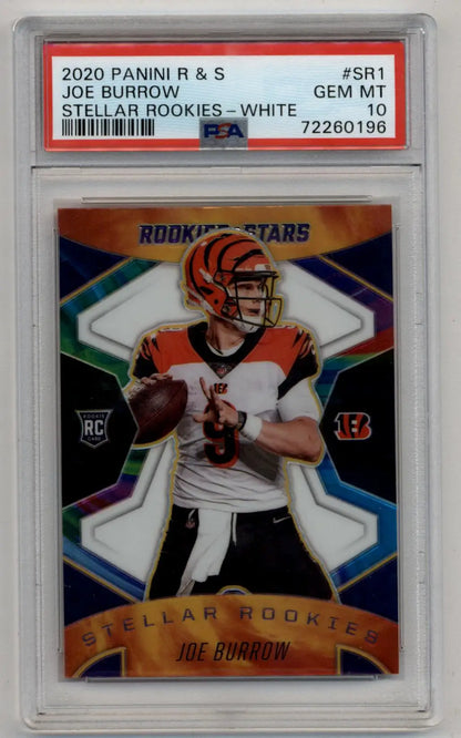Joe Burrow Stellar Rookies White PSA 10 Gem Mint football card from 2020 Panini R&S