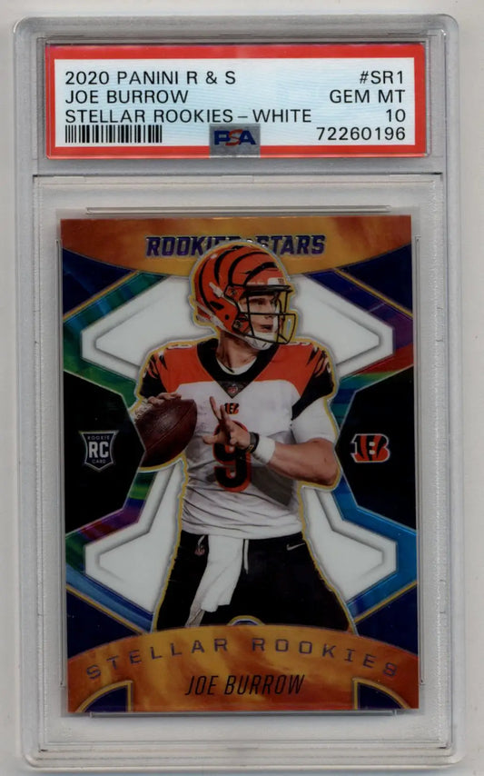 Joe Burrow Stellar Rookies White PSA 10 Gem Mint football card from 2020 Panini R&S