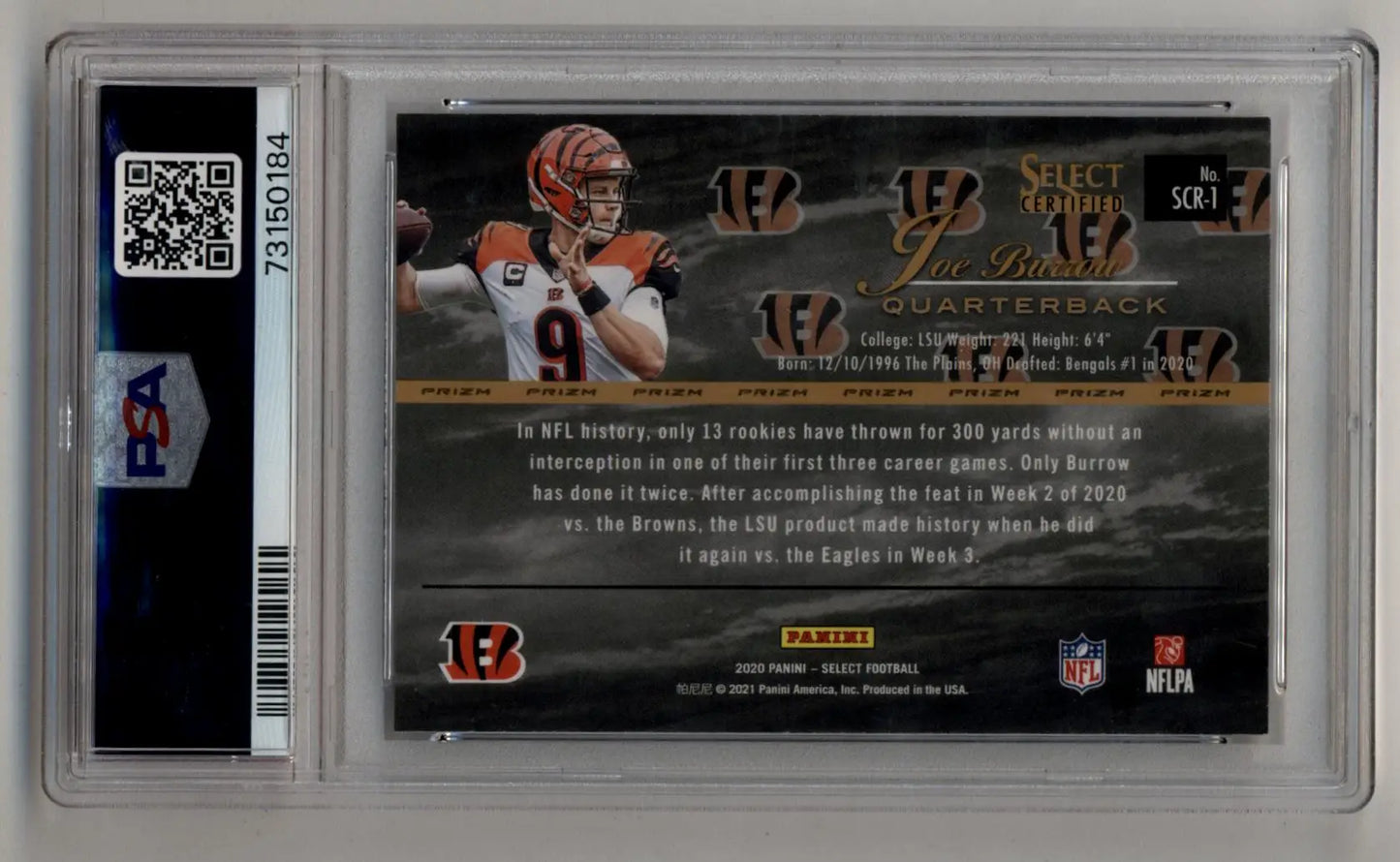 Graded Joe Burrow football trading card from Certified Rookies Prizm series in PSA 10 Gem Mint