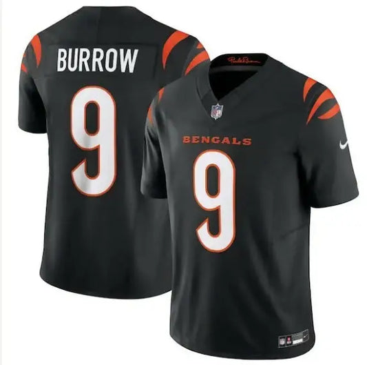 Black Cincinnati Bengals Joe Burrow Nike Vapor F.U.S.E. Limited Jersey with orange accents and number 9
