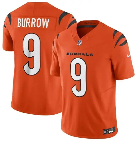 An orange Cincinnati Bengals NFL jersey with ’BURROW’ and the number ’9’’ on the back.