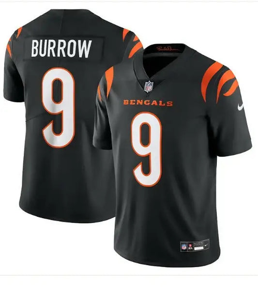 Black Cincinnati Bengals Joe Burrow NFL jersey with number 9 and BURROW on the back